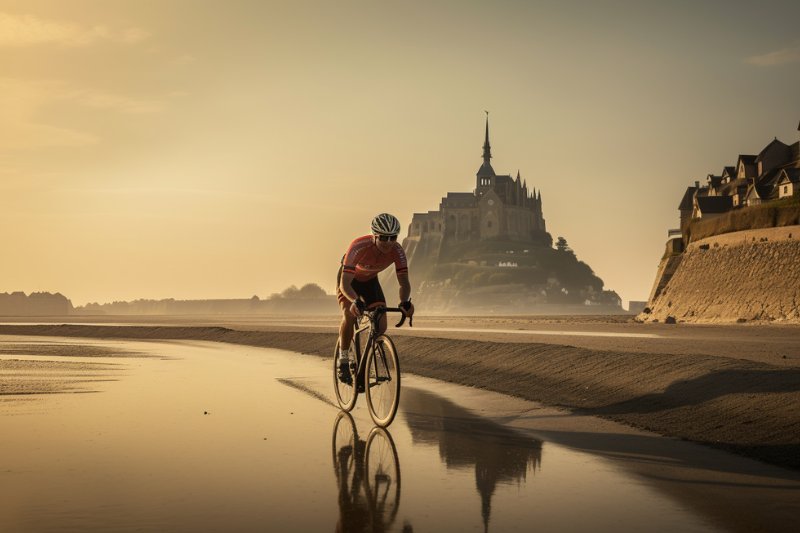un cycliste en pleine course d'un triathlon en normandie devant le mont saint michel